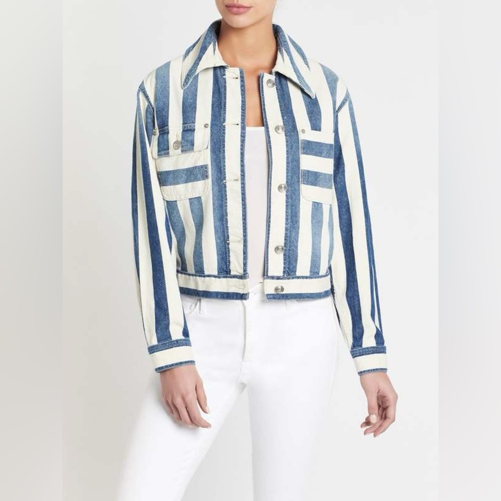 Current/Elliott Sammy Jacket Bay Stripe Blue & Cream Denim Jacket Classy XS 0 - Picture 2 of 14